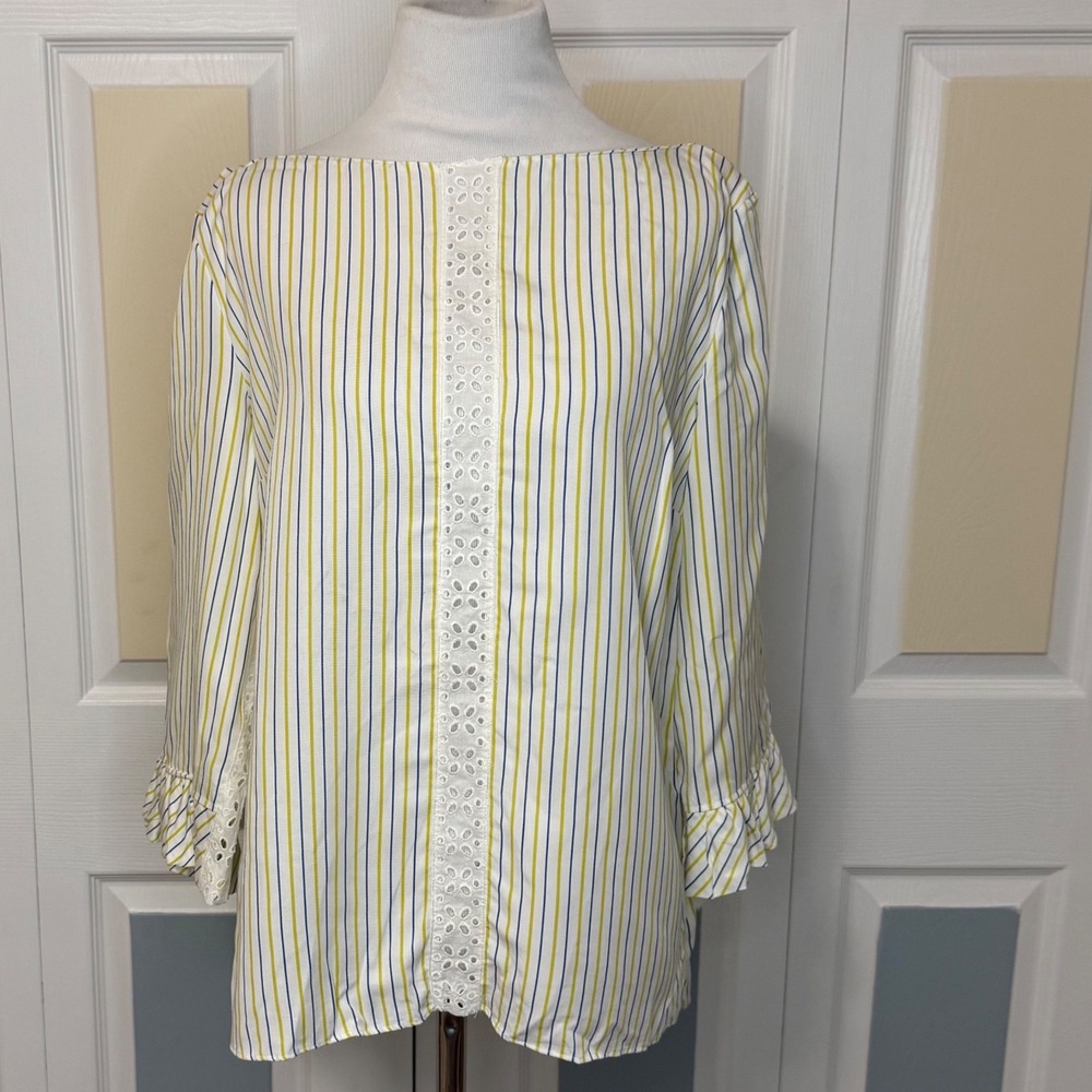 Massimo‎ Dutti White Yellow Blue Striped Eyelet Trim Boat NeckTop Size 6